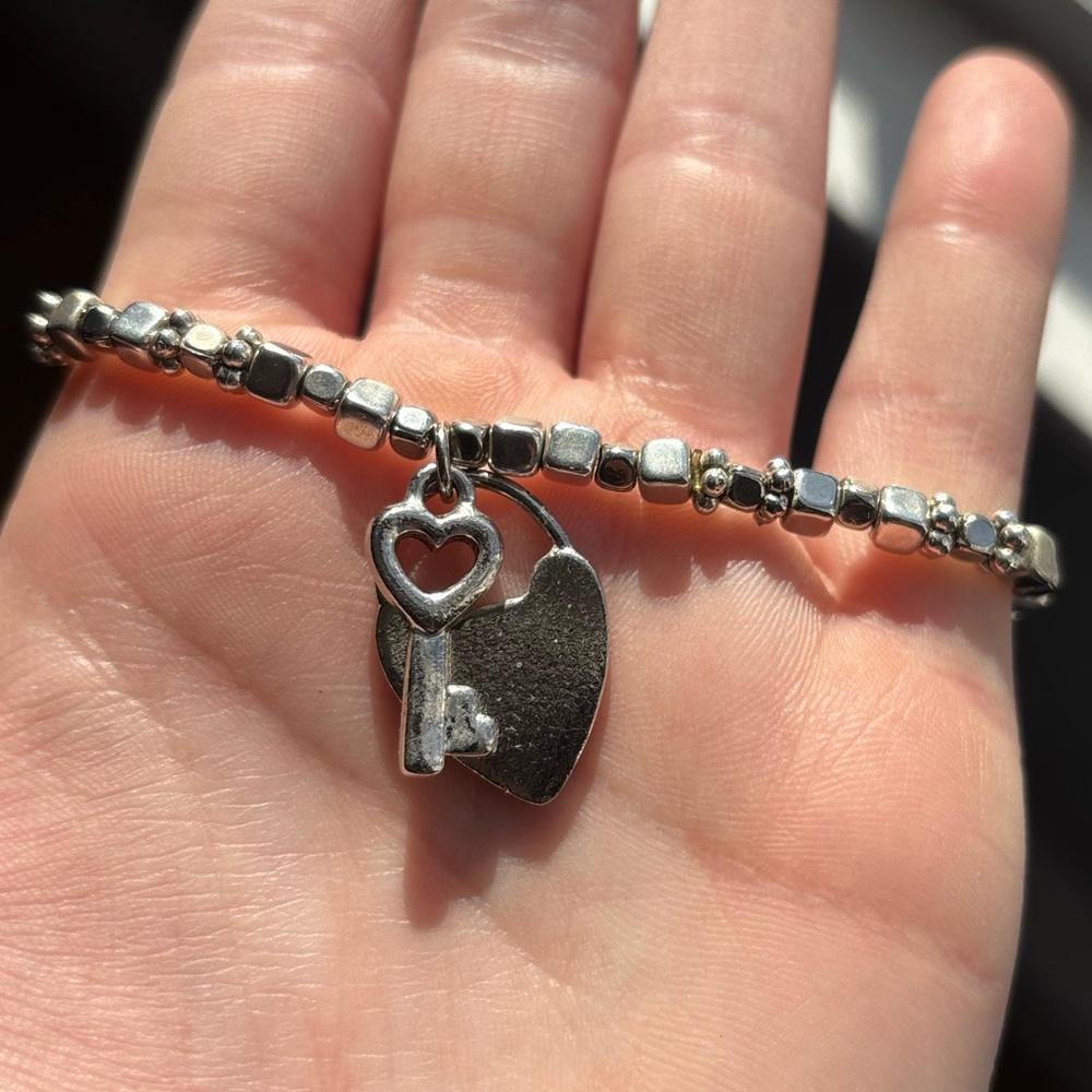 Y2K Silver Heart and Key Charm Bracelet